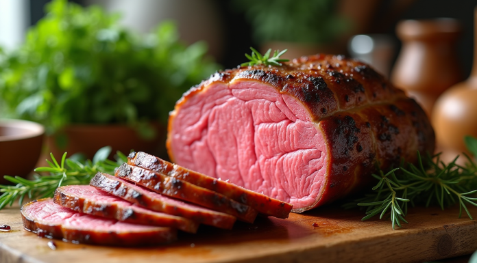 Rôti de boeuf tranché avec croûte dorée et intérieur rose