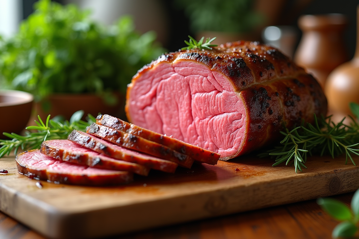 Rôti de boeuf tranché avec croûte dorée et intérieur rose
