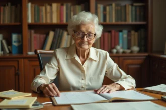 Vieille femme élégante examinant un calendrier de mode vintage dans un bureau éditorial chargé d'archives, évoquant l'histoire de Ruth Finley