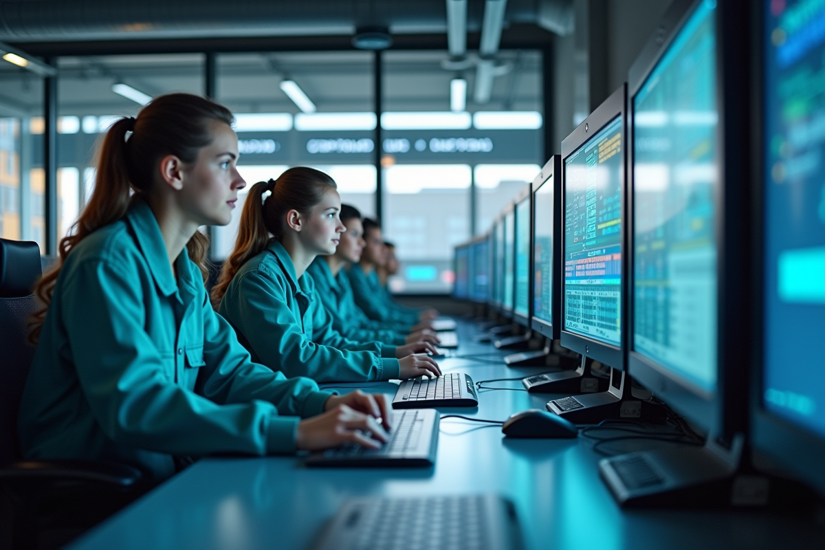 Étudiants dans une salle de contrôle moderne observant des écrans