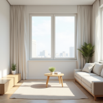 Salon minimaliste d'un petit appartement lumineux