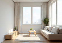Salon minimaliste d'un petit appartement lumineux