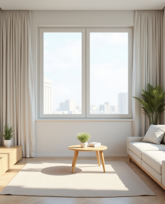 Salon minimaliste d'un petit appartement lumineux