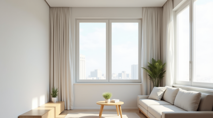 Salon minimaliste d'un petit appartement lumineux