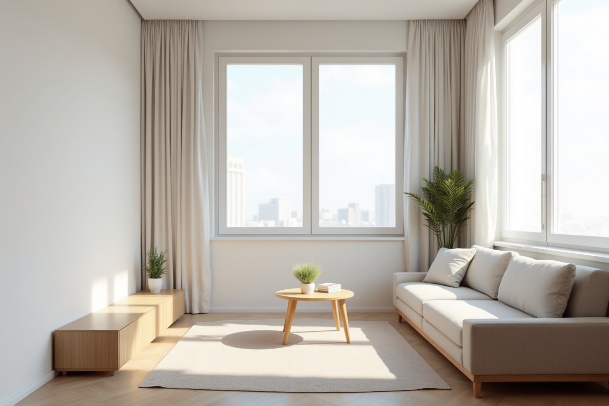 Salon minimaliste d'un petit appartement lumineux