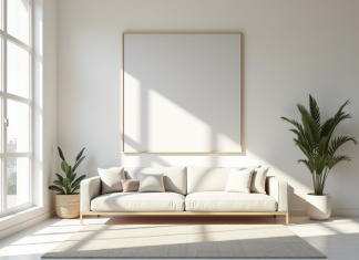 Styles de décoration opposés : minimaliste vs maximaliste Salon lumineux avec canapé et peinture abstraite