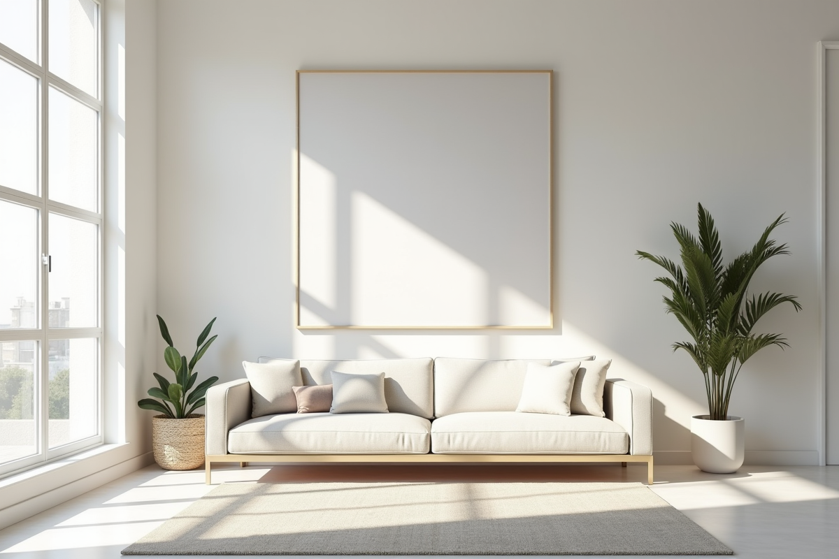 Salon lumineux avec canapé et peinture abstraite