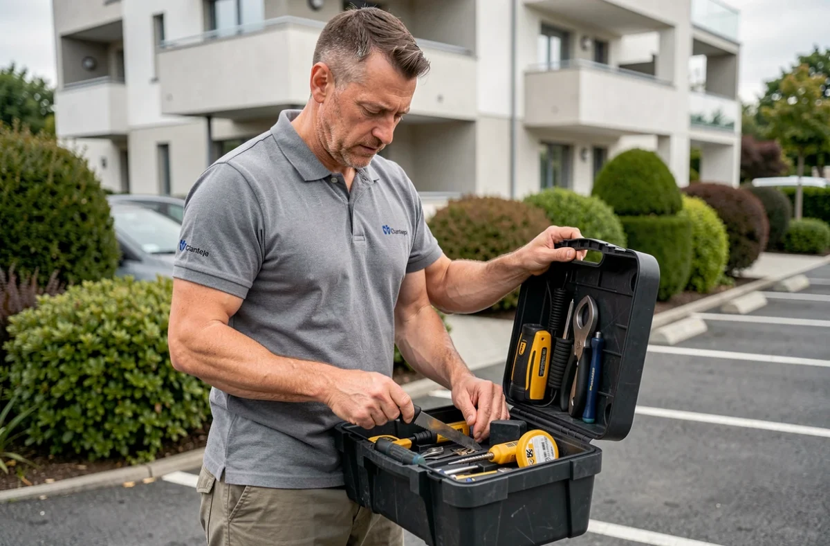 Technicien de Servifrance 35 avec son matériel de vitrerie et multi-services devant un immeuble à Chantepie
