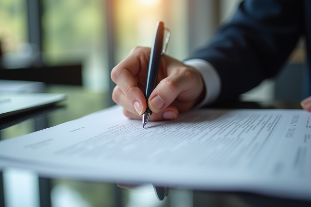 Main signant un document juridique dans un bureau moderne