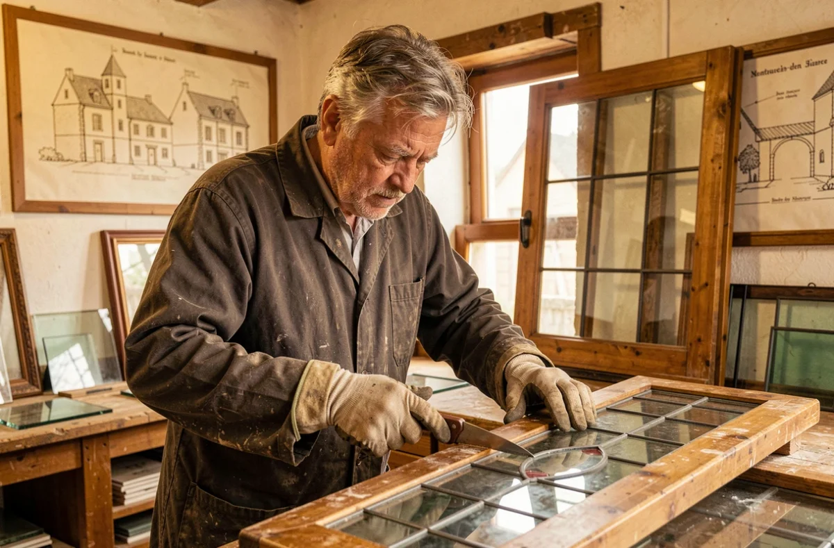 Simon Serge, vitrier spécialiste, façonnant un panneau de verre artisanal dans son atelier à Montauban-de-Bretagne