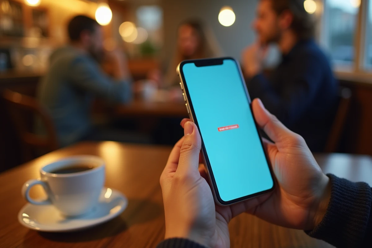 Gros plan sur un smartphone affichant une alerte de fausse URL dans un café urbain