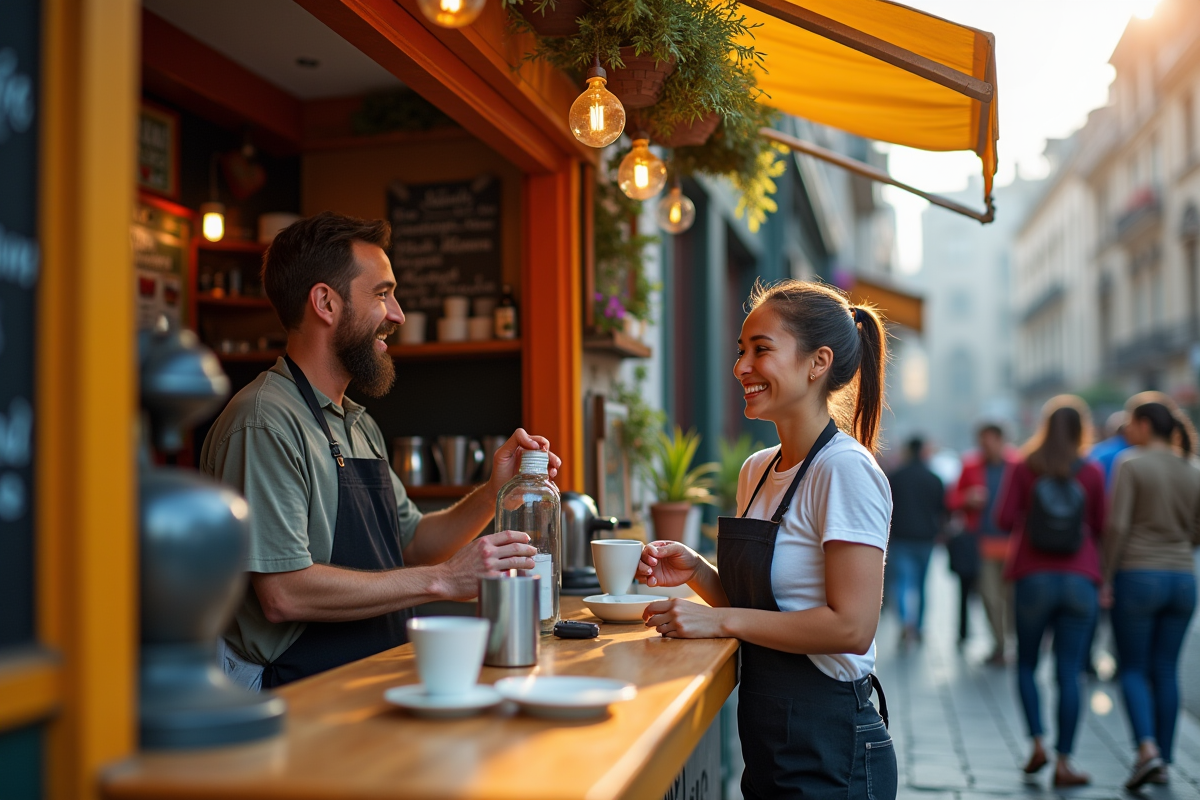 Stand de café animé en ville avec client souriant et propriétaire sympathique