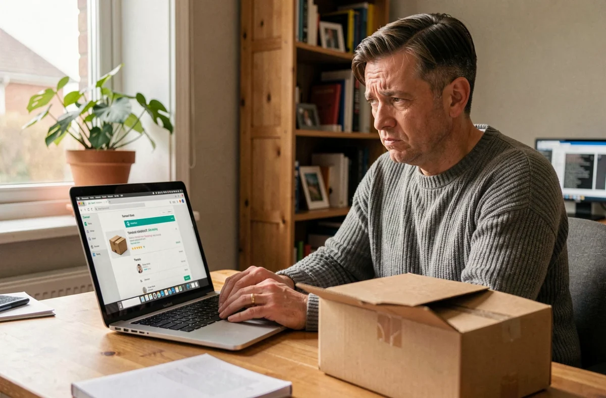 Personne consultant le suivi de colis en ligne sur un ordinateur portable à son bureau à domicile