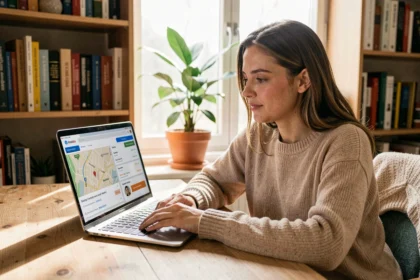 Femme consultant le suivi de colis GLS sur son ordinateur portable depuis son bureau à domicile