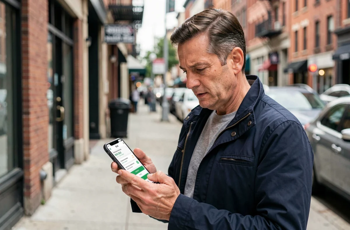 Homme vérifiant le suivi de sa commande GLS sur smartphone en pleine rue en ville