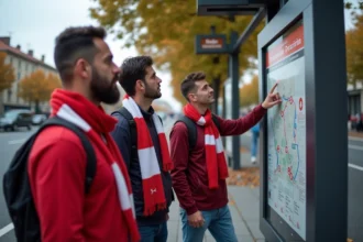 Supporters de football consultant un plan de tram à un arrêt moderne de Bordeaux avant un match