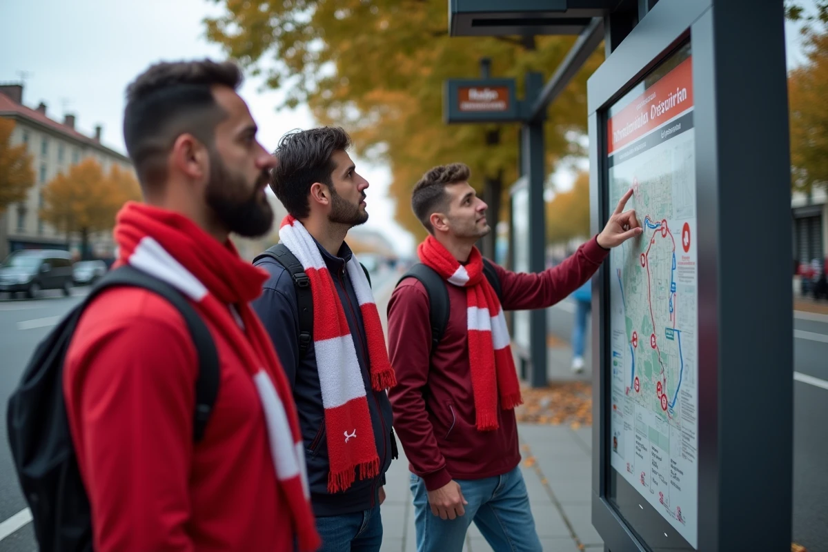 Supporters de football consultant un plan de tram à un arrêt moderne de Bordeaux avant un match