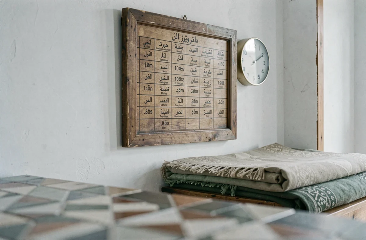 Tableau des horaires de prière en français et arabe affiché dans une mosquée de Bordeaux