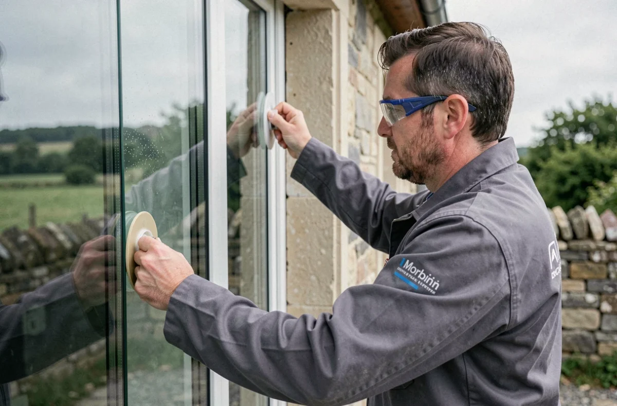 Technicien de Technivitres SARL installant un double vitrage sur une maison du Morbihan avec précision