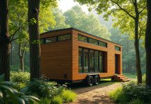Petite maison sur roues dans la forêt verte ensoleillée