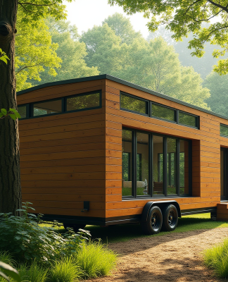 Petite maison sur roues dans la forêt verte ensoleillée