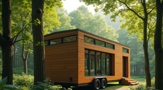 Petite maison sur roues dans la forêt verte ensoleillée