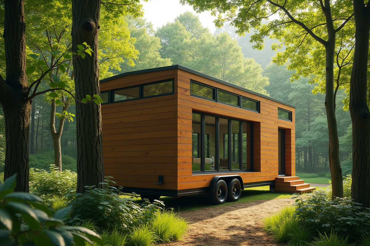 Petite maison sur roues dans la forêt verte ensoleillée