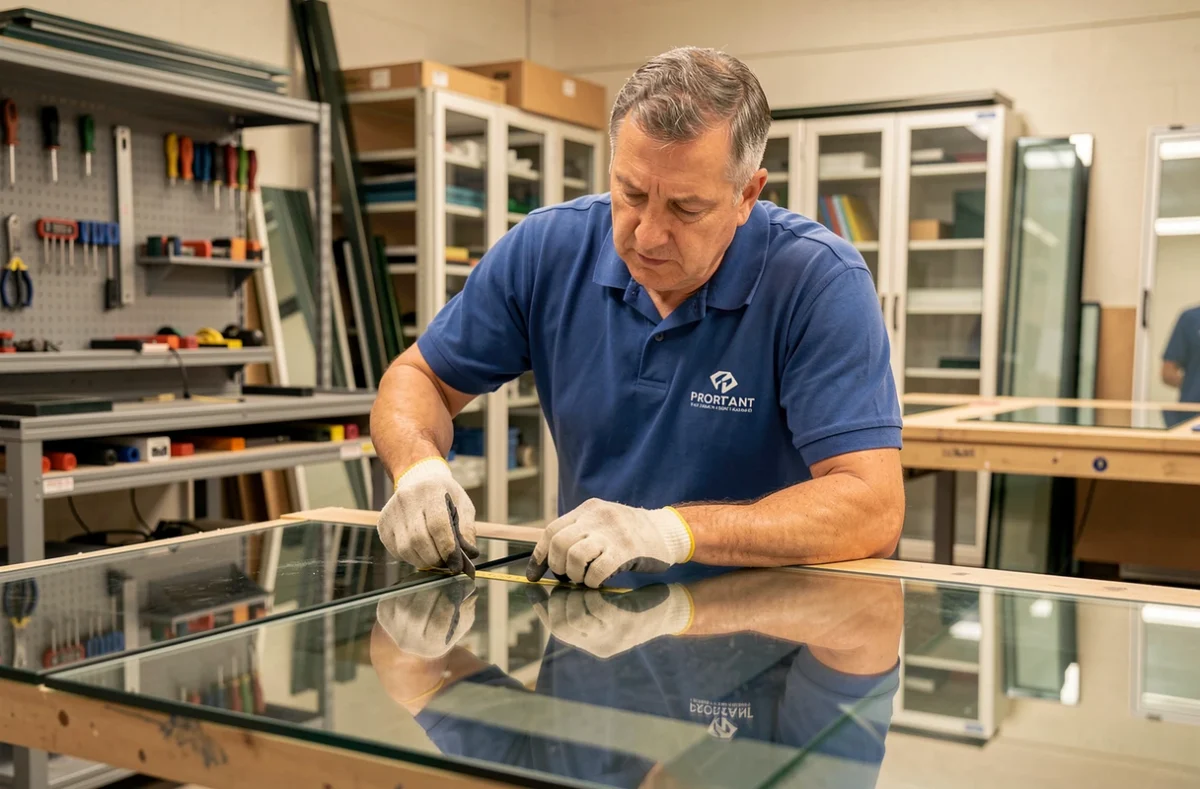 Vitrier miroitier de Verre Solutions Lorient travaillant sur une découpe de miroir dans son atelier du Morbihan