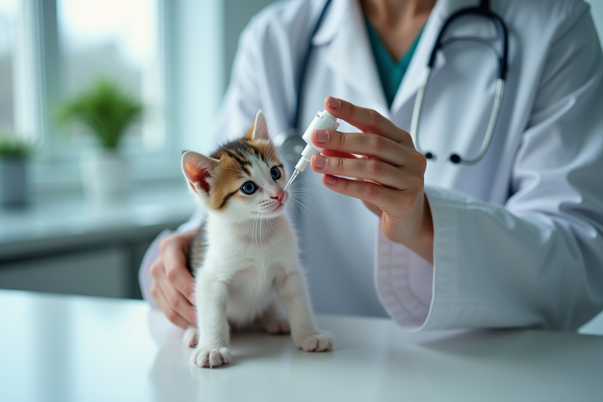 Vétérinaire administrant un médicament à un chaton en clinique