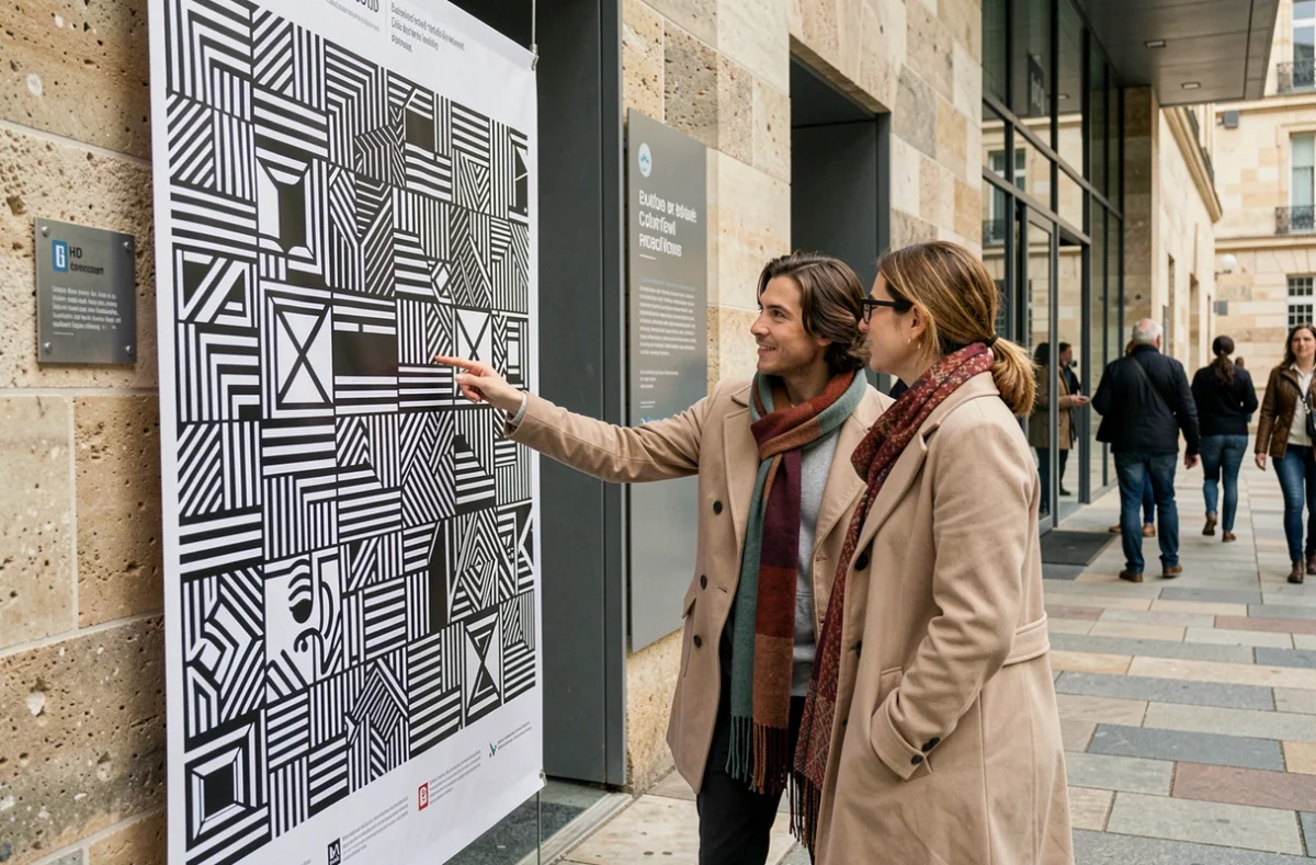 Groupe de visiteurs devant l'entrée de l'exposition Escher à Toulouse regardant l'affiche de l'événement