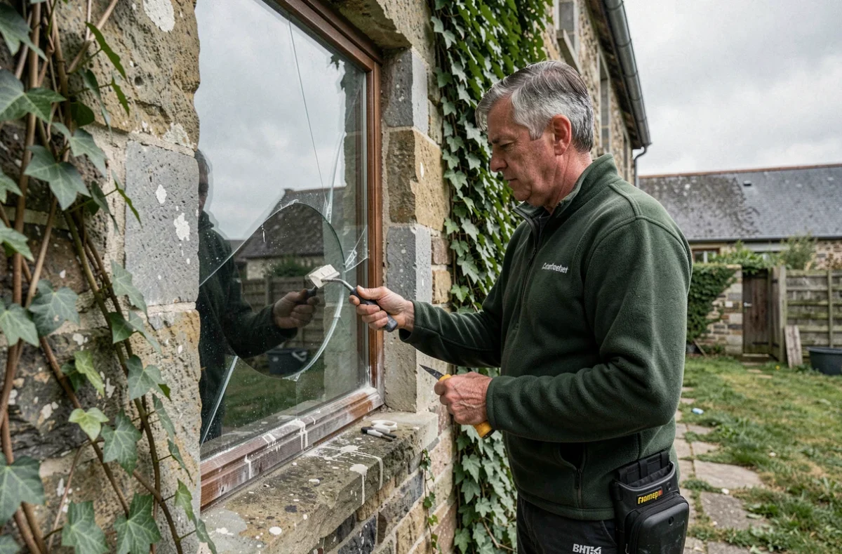 Yannick Fumel réparant une vitre sur une maison bretonne traditionnelle à Chantepie